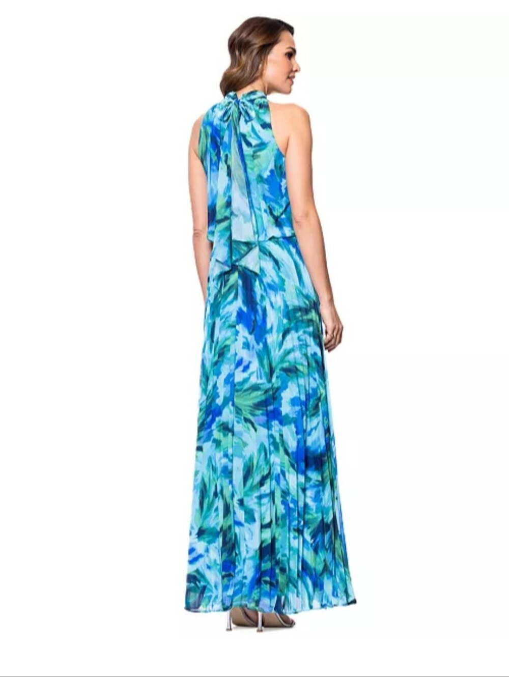 NWT Xscape Blue Green Printed Pleated Maxi Dress Sleeveless Blouson Size 10 $259 - Picture 2 of 11